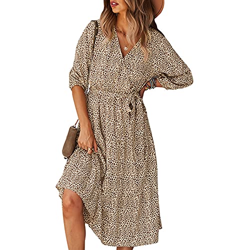 OtoñO E Invierno SeñOras Moda Casual con Cuello En V Estampado De Leopardo Cintura De Manga Larga Suelta Cobertura Media Vestido De Mujer