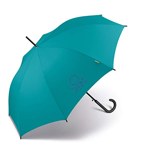 Paraguas de Mujer Largo Automático United Colors of Benetton, Ocho Varillas, 105 cm de diámetro, con Adornos Brillantes (Azul Turquesa)