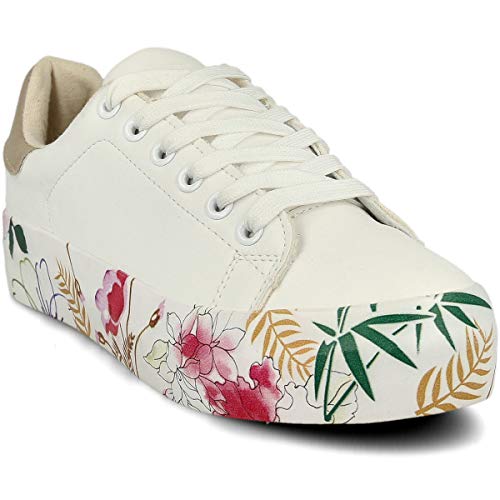 PAYMA - Zapatillas Bambas Deportivas Plataforma Mujer. Tenis Deporte, Casual y Caminar. Cierre Cordones. Interior Acolchado. Color: Blanco Flores. Talla: EU 38