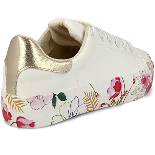 PAYMA - Zapatillas Bambas Deportivas Plataforma Mujer. Tenis Deporte, Casual y Caminar. Cierre Cordones. Interior Acolchado. Color: Blanco Flores. Talla: EU 38