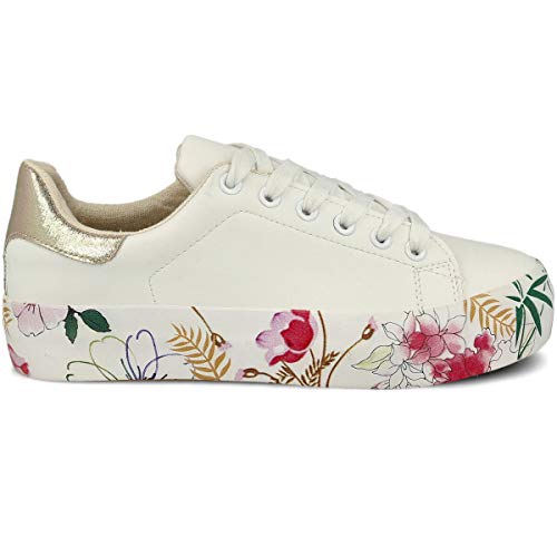 PAYMA - Zapatillas Bambas Deportivas Plataforma Mujer. Tenis Deporte, Casual y Caminar. Cierre Cordones. Interior Acolchado. Color: Blanco Flores. Talla: EU 38