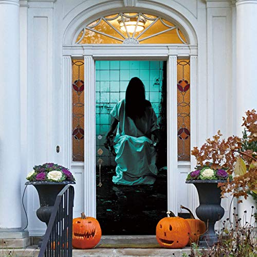 Pegatinas de pared Halloween ruinas fantasmas femeninas Pegatinas de puerta creativas 3d Puertas de madera de personalidad Pegatinas de pared decorativas para el hogar 38.5 * 200 cm