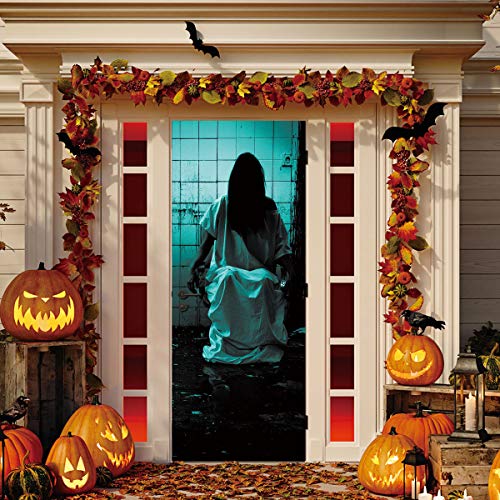 Pegatinas de pared Halloween ruinas fantasmas femeninas Pegatinas de puerta creativas 3d Puertas de madera de personalidad Pegatinas de pared decorativas para el hogar 38.5 * 200 cm