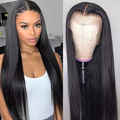 Pelucas Mujeres Negras Cabello Natural Humano Parte Media Lace Front Straight Peluca Con Cabello De Bebé Nacimiento Del Pelo Natural Densidad Del 150% Pelo Virgen Brasileño Sin Procesar