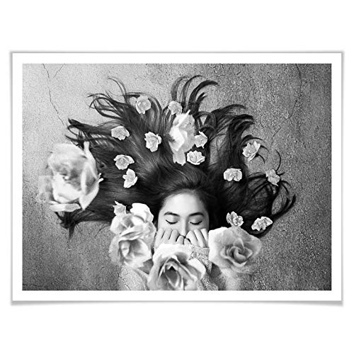 Póster de Sulistyono, cuadro decorativo, cuadro de fotos en blanco y negro, para mujer, flores, dormir, sin accesorios, 40 x 30 cm