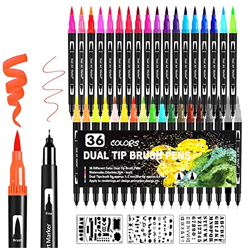 Qhui Rotuladores Lettering 36 Colores y 3 Plantillas Rotuladores Punta Pincel Rotuladores Acuarelables Doble Punta para Acuarelas Dibujos y Caligrafía Cómics