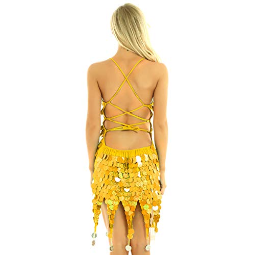 ranrann Vestido de Baile Latino Lentejuelas para Mujer Traje de Salsa Rumba Samba Cha Cha Cuello Halter Vestido Baile de Salón Fiesta Dancewear Amarillo Talla Única