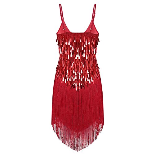ranrann Vestido de Baile Latino Lentejuelas para Mujer Vestido Flecos de Danza Tango Rumba Salsa Samba Traje de Actuación Fiesta Baile de Salón Rojo One_Size