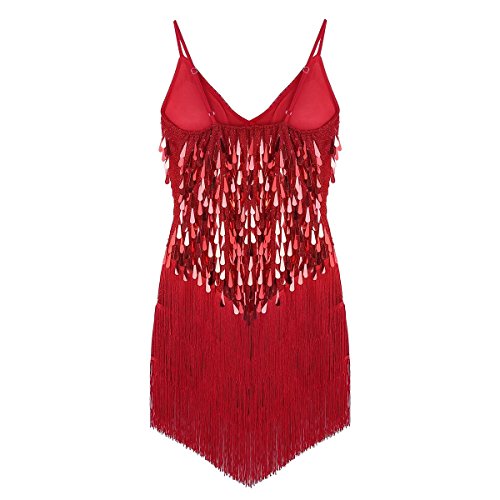 ranrann Vestido de Baile Latino Lentejuelas para Mujer Vestido Flecos de Danza Tango Rumba Salsa Samba Traje de Actuación Fiesta Baile de Salón Rojo One_Size
