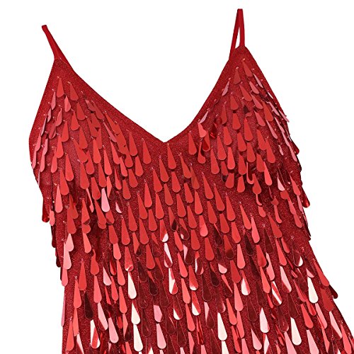 ranrann Vestido de Baile Latino Lentejuelas para Mujer Vestido Flecos de Danza Tango Rumba Salsa Samba Traje de Actuación Fiesta Baile de Salón Rojo One_Size