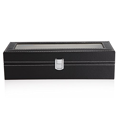 Readaeer Relojes Caja para 6 Relojes Buzón Memoria con Tapa de Cristal Negro de Piel sintética
