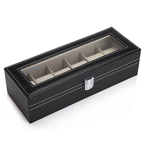 Readaeer Relojes Caja para 6 Relojes Buzón Memoria con Tapa de Cristal Negro de Piel sintética
