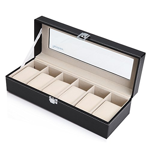 Readaeer Relojes Caja para 6 Relojes Buzón Memoria con Tapa de Cristal Negro de Piel sintética