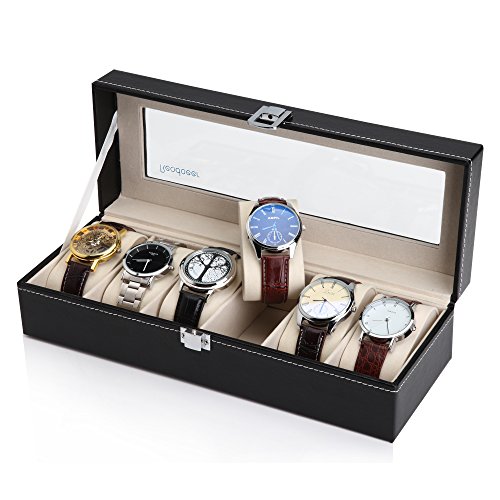 Readaeer Relojes Caja para 6 Relojes Buzón Memoria con Tapa de Cristal Negro de Piel sintética