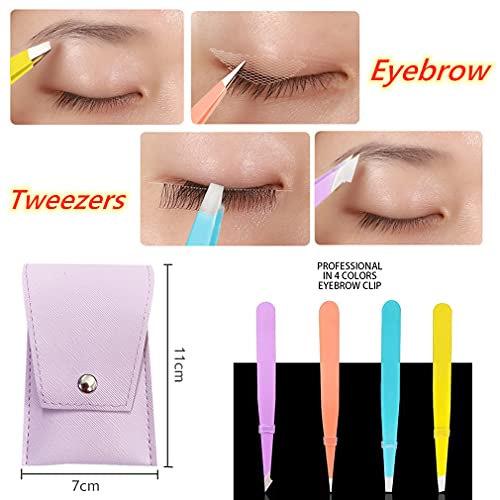 RuiChy 4 Piezas Juego de Pinzas de Depilar de Cejas, Pinzas de Precisión para Cejas Vello Facial con Tijeras para Cejas Curvas y Plantillas de Aseo, Herramienta de Belleza Diaria con Funda de Cuero