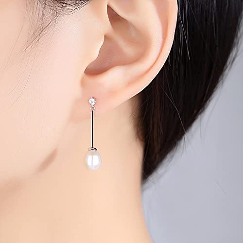 SALAN Blanco Rosa Impecable Alto Brillo 8-9 Mm Perla De Arroz Natural 925 Pendientes Largos De Plata Esterlina para Joyería De Mujer