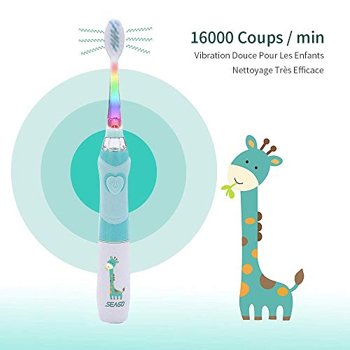 Seago Cepillo de dientes eléctrico para niños de 3 a 12 años, con temporizador inteligente y luces LED de color y 3 cabezales de cepillo para niños y niñas SGEK6/SG977 (verde)