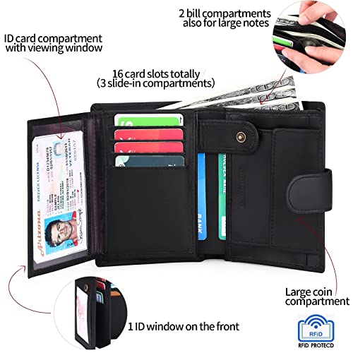 SENDEFN Cartera Hombre de Cuero, Billetera con Bloqueador RFID, Cartera Vertical para Hombre con 18 Ranuras para Tarjetas, 3 Ranuras para Billetes, 1Bolsillo para Monedas con Botón