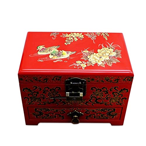 SENWEI Mandarin Duck Pintado a mano Caja de joyería lacada ilustraciones, muebles orientales chinos y regalos de tres capas (rojo)
