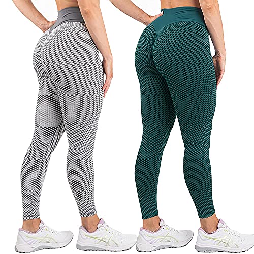SHUOYUE Leggings para Mujer Push Up 2 Piezas Pantalones de Yoga Cintura Alta Mujer Leggings Deportivos Mallas para Yoga Fitness Entrenamiento Pantalón Elásticos Anticelulíticos (Verde+Gris, M)