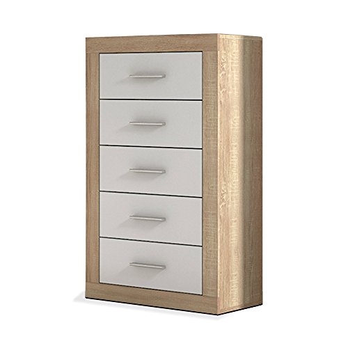 Sinfonier 5 cajones, Comoda, Sifonier, Chinfonier Dormitorio, Modelo Lara, Color Cambria y Blanco, Medidas: 60 cm (Ancho) x 106,5 cm (Alto) x 39,6 cm (Fondo)