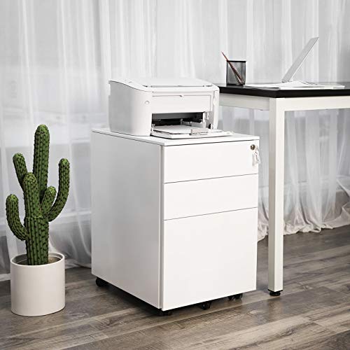 SONGMICS Mueble Archivador Metal con Cerradura Cómoda, Cajonera con Ruedas, 3 Cajones, para Oficina, 52 x 39 x 60 cm, Cuerpo del Armario Premontado, Blanco OFC60WT