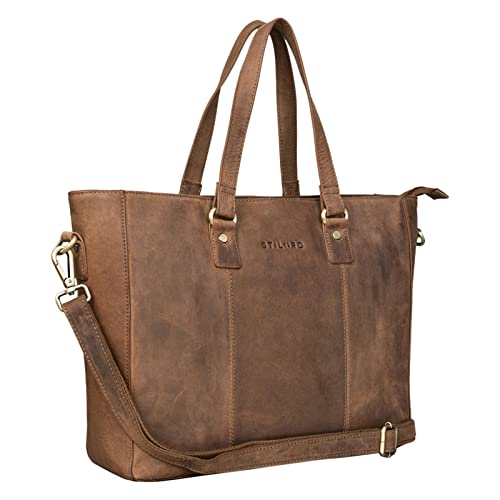 STILORD 'Emmeline' Bolsa Shopper Grande Mujer Bolso Business Elegante Bolso Bandolera Bolso de Mano para Portátil de 13,3 Pulgadas de Piel Auténtica, Color:marrón - Medio