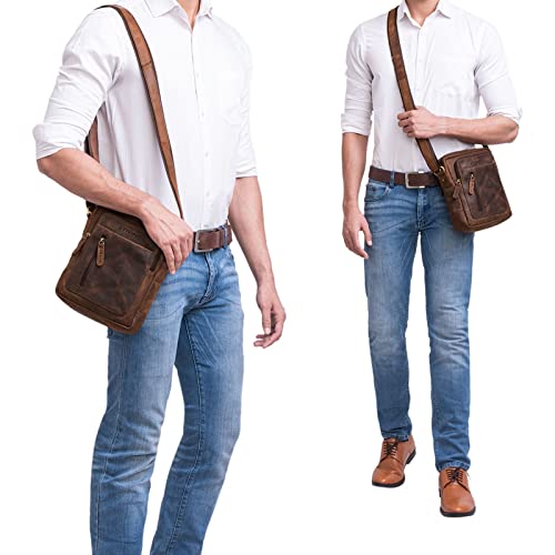 STILORD 'Jaime' Bolso Mensajero pequeño de Cuero Vintage para Hombre Joven y Adulto Bolso de Hombro Cruzado Bolsa Bandolera de auténtica Piel, Color:Zamora - marrón