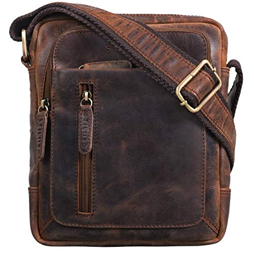 STILORD 'Jaime' Bolso Mensajero pequeño de Cuero Vintage para Hombre Joven y Adulto Bolso de Hombro Cruzado Bolsa Bandolera de auténtica Piel, Color:Zamora - marrón