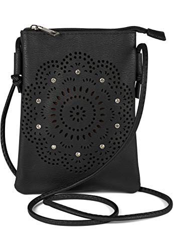 styleBREAKER Mini bolso bandolera para mujer con flores cortadas a láser y brillantes, 02012367, Negro , Talla única