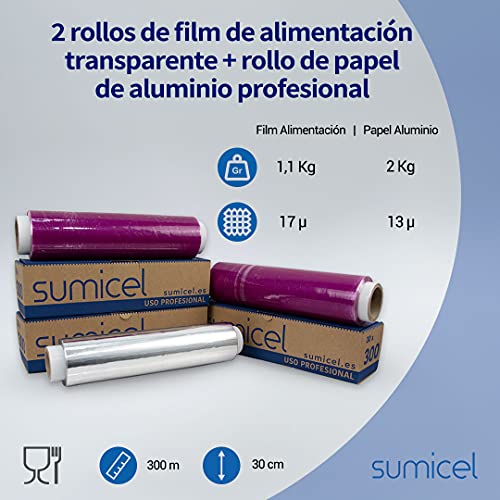 SUMICEL - PACK COCINA - Papel de Aluminio + Film alimentación transparente- 30 centímetros x 300 Metros REALES - Especial para catering, cocina, peluquería (Pack 2 rollos Film + 1 rollo Aluminio)
