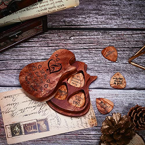 SUPERDANT Caja de Madera con Forma de Guitarra Caja de Púas con 6 Pieza Púas de Madera para Guitarra Palabras con Tema de Amor Púas de Guitarra Grabadas para Bajo Instrumento de Música Presente