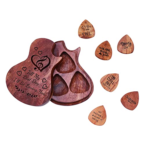 SUPERDANT Caja de Madera con Forma de Guitarra Caja de Púas con 6 Pieza Púas de Madera para Guitarra Palabras con Tema de Amor Púas de Guitarra Grabadas para Bajo Instrumento de Música Presente