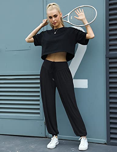 Sykooria Pantalones Deportivos para Mujer de Algodón Pantalones de Yoga con Bolsillos Pantalón de Harem Cintura Alta Pilates Baile Jogger Ropa de Casa