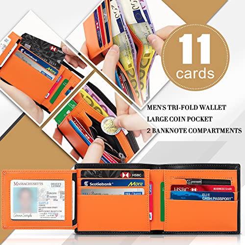 TEEHON Cartera Hombre, Cartera Hombre con Monedero, Cartera Hombre de Piel con 15 Compartimentos, 1 Pieza de Piel de Verificar con Instrucción y Tecnología RFID para Hombre o Joven - Negro y Naranja