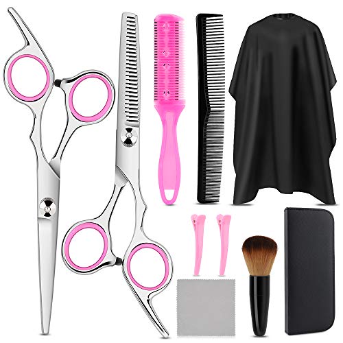 Tijeras de Peluquería, HICOO Tijeras de Barbero Tijeras para Adelgazar con Capa de Peluquero, Maquinilla de Afeitar, Peine, Pinzas, Estuche de Cuero, Conjunto de 10 Piezas