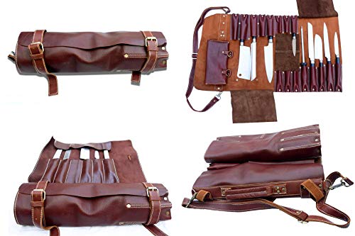 Très Chic Bolso de piel para cuchillos de chef con 16 ranuras con correa de hombro desmontable