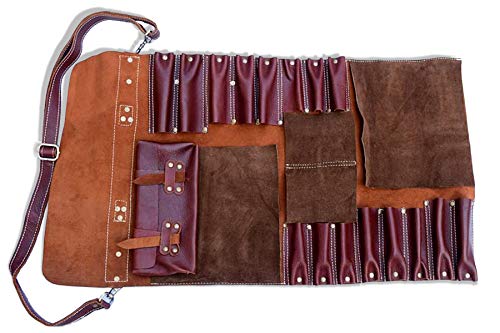 Très Chic Bolso de piel para cuchillos de chef con 16 ranuras con correa de hombro desmontable