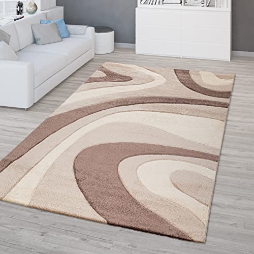 T&T Design Alfombra Diseño Moderna Pelo Corto Mallorca Motivo Ondas En Beige Crema Marrón, Größe:200x290 cm
