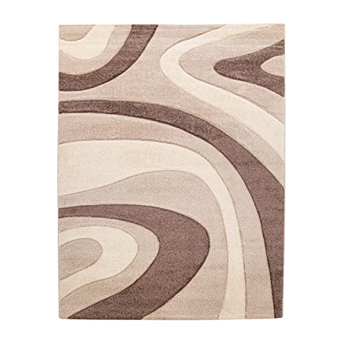 T&T Design Alfombra Diseño Moderna Pelo Corto Mallorca Motivo Ondas En Beige Crema Marrón, Größe:200x290 cm