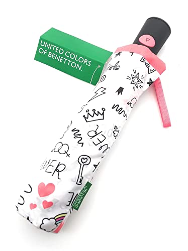 United colors of Benetton, Paraguas Plegable Mini Mujer Automático, Ocho Varillas, 95 cm de diámetro. Atractivo estampado juvenil Diseño Scribbles (Blanco Estampado)