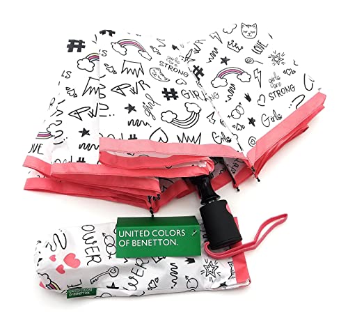 United colors of Benetton, Paraguas Plegable Mini Mujer Automático, Ocho Varillas, 95 cm de diámetro. Atractivo estampado juvenil Diseño Scribbles (Blanco Estampado)