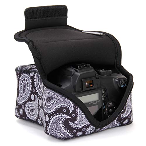 USA Gear Funda Cámara Reflex DSLR con Protección de Neopreno, Presilla Para Cinturón y Almacenamiento de Accesorios - Compatible con Nikon D3400, Canon EOS Rebel SL2, Pentax K-70 y más - Paisley Negro
