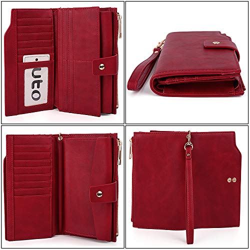 UTO - Mujer Cartera de Bloqueo de RFID PU Cuero Monedero Largo 21 Ranuras para Tarjetas Monedero Gran Capacidad Bolsillo para Móvil Rojo