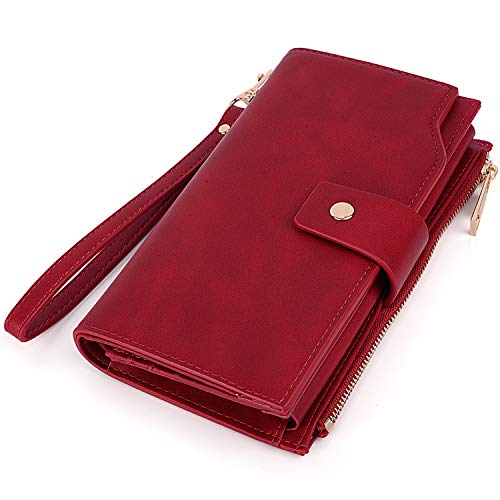 UTO - Mujer Cartera de Bloqueo de RFID PU Cuero Monedero Largo 21 Ranuras para Tarjetas Monedero Gran Capacidad Bolsillo para Móvil Rojo
