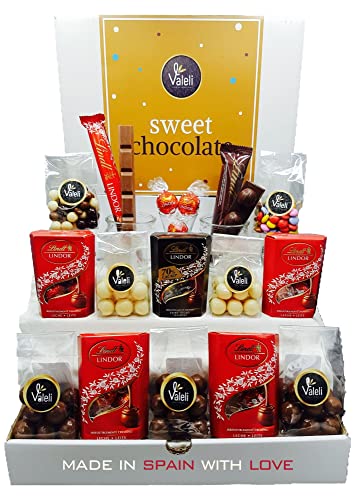 Valeli, Chocolates, Bombones Lindt Lindor y chocolatinas. Caja Regalo Original. Cesta surtido: Día del padre, madre, cumpleaños, enamorados, Navidad; 650gr.