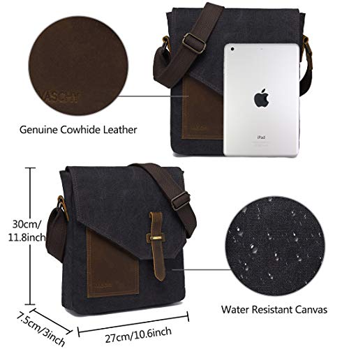 VASCHY Bolsos Hombre Bandolera, Bolso Bandolera Pequeño Bolsa Mensajero Vintage Bolsos Hombre Piel Lona Bolsos Messenger para Escuela Trabajo Viajes Negro