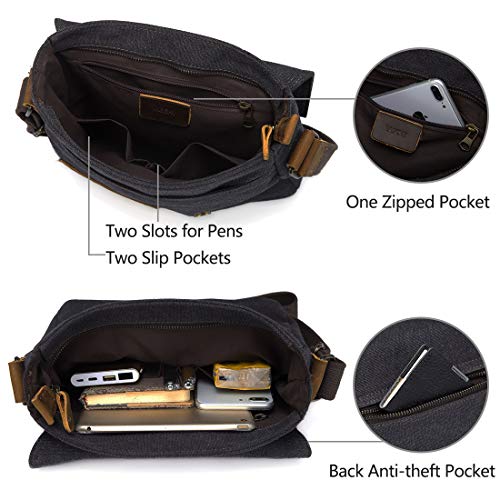 VASCHY Bolsos Hombre Bandolera, Bolso Bandolera Pequeño Bolsa Mensajero Vintage Bolsos Hombre Piel Lona Bolsos Messenger para Escuela Trabajo Viajes Negro