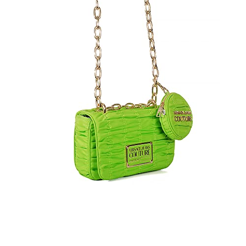 Versace Jeans Country - Bolso de mujer 72VA4BX6 de tela gofrada de color verde ácido con logotipo de oro y chárms porta amonitas