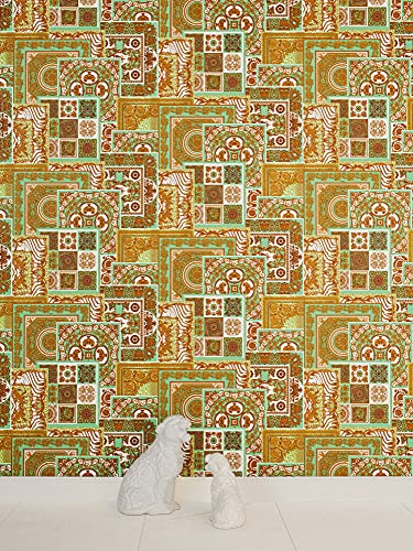 Versace Wallpaper 10.05 m x 0.70 m Oro Verde Marrón Fabricado en Alemania 370482 37048-2, Metallic, Creme, Grün